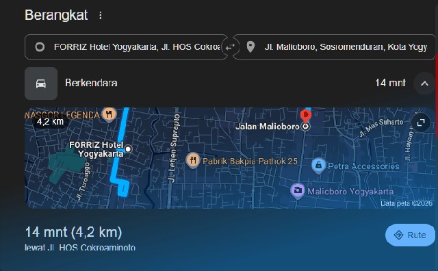 Jarak Forriz Hotel ke Malioboro